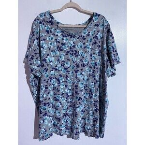 Woman Within Top Womens 3X Gray Blue Floral Tropical Lagenlook Artsy Boxy